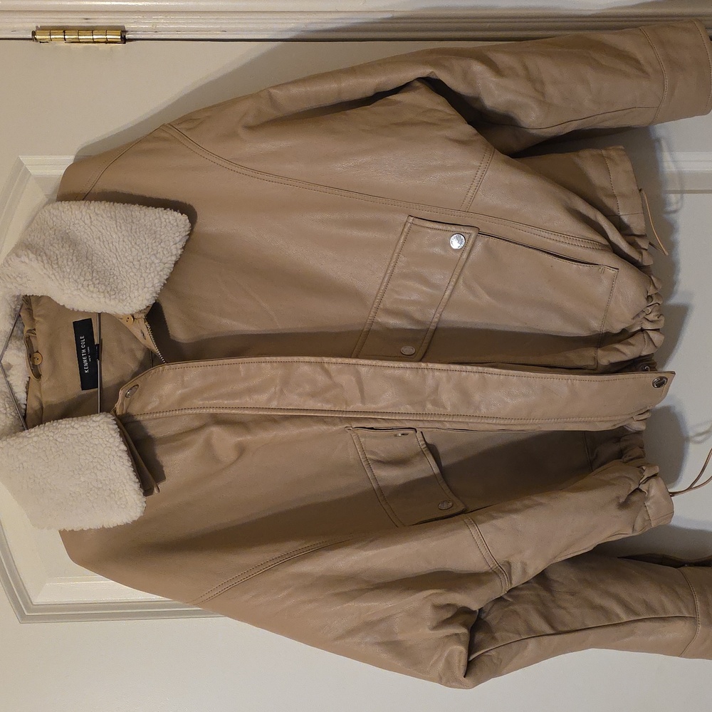 Kenneth Cole Sherpa Collar Aviator Bomber Jacket Tan XL Removable Collar